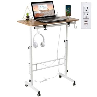 Imagem de SIDUCAL Mesa de pé ajustável em altura com mesa inclinável, mesa de laptop com estação de carregamento, mesa de suporte portátil com rodas, carvalho vintage