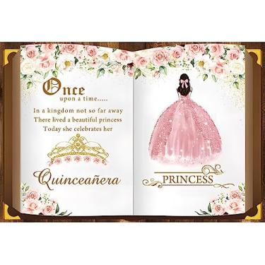 Imagem de OFILA Quinceanera Pano de fundo de aniversário para meninas 2,4 x 1,8 m rosa aquarela flor ouro rosa vestido coroa princesa fundo Upon a Time livros de conto de fadas feliz aniversário festa foto