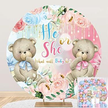 Imagem de Urso de poliéster de 2,2 x 2,2 m, capa de fundo redondo de arco revelador de gênero, ele ou ela, o que será o bebê, sinal de chá de bebê, círculo, fundo fotográfico, flor azul ou rosa, fonte de festa