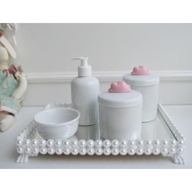 Imagem de Kit Higiene Bebê K056 Porcelana Bandeja Pérola Branca Aplique Rosa Gel