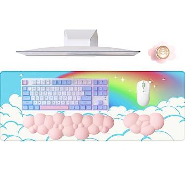 Imagem de ATTACK SHARK Mouse pad nuvem 4 em 1, descanso de pulso para teclado, suporte de descanso de pulso e conjunto de porta-copos de couro com tapete de mesa de escritório, almofada de mesa de poliuretano