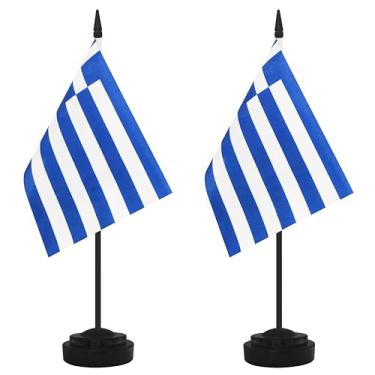 Imagem de Conjunto de 2 bandeiras de mesa da Grécia, mesa de mesa grega pequena bandeira de escritório com poste preto de 30 cm e base preta, escritórios, sala de aula, casa, decoração de festival (Grécia)