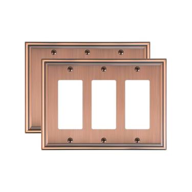 Imagem de TREEWELL Pacote com 2 placas decorativas triplas decorativas, placas de parede de cobre antigo de liga de zinco durável para tomada elétrica, receptáculo, tomada GFCI, interruptor regulador,