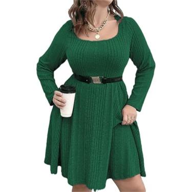 Imagem de Vestido feminino plus size casual gola quadrada manga lanterna longa gravata cintura pulôver pulôver solto, Cinto verde escuro, GG