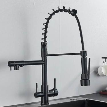 Imagem de Torneira de cozinha com filtro para água potável Torneira de cozinha com água pura Torneira de cozinha retrátil com rotação de 360 graus Torneira misturadora de água quente/fria, preto fosco GB