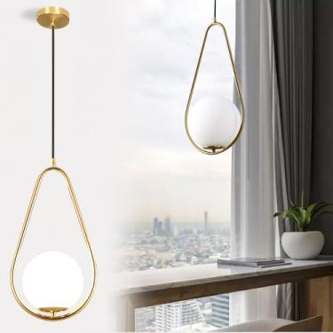 Imagem de DELIPUSHI Luminária pendente de globo de 1 luz dourada moderna, luminária pendente de comprimento ajustável de meados do século, lâmpada de suspensão redonda de vidro de leite, mini iluminação de ilha