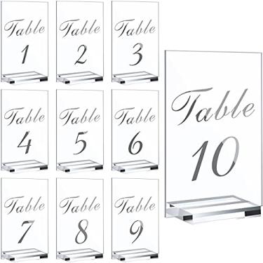 Imagem de 10 peças de números de mesa de acrílico, 10 x 15 cm, 1 – 10 cartões de acrílico com 10 peças de suporte de acrílico transparente para capinhas e jantares de recepção