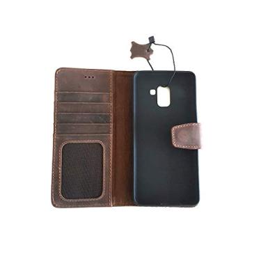 Imagem de Capa carteira de couro genuíno compatível com Samsung Galaxy A8 PLUS marrom escuro