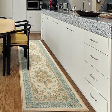 Imagem de Antep Rugs Tapetes de corredor para ambientes internos Alfombras Oriental Tradicional 2x7 Antiderrapantes (não deslizante) com forro de borracha de perfil baixo (azul bege, 6' x 18 cm)