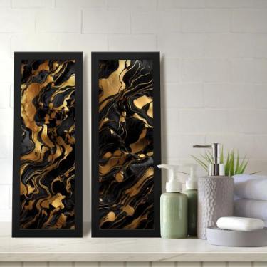 Imagem de Kit 2 Quadros Decorativos Lavabo Mármore Marmorizado Preto Dourado Mod