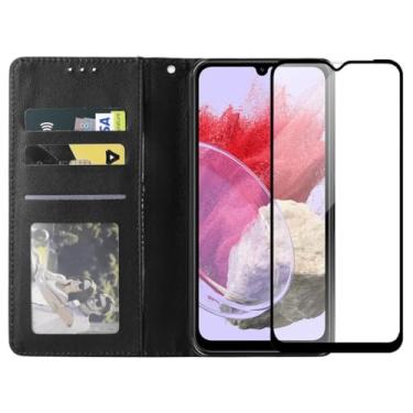 Imagem de Capa Carteira Flip de Couro com Porta Cartão Compatível Samsung Galaxy M34 Preta + Película de Vidro Temperado 3D