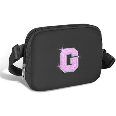Imagem de COSHAYSOO Pochete de cintura pequena com faixa ajustável com inicial de letra remendo alça ajustável para mulheres adolescentes correndo viajando academia caminhadas, mini bolsa transversal de viagem transversal transversal bolsa moderna, Preto, Small, G