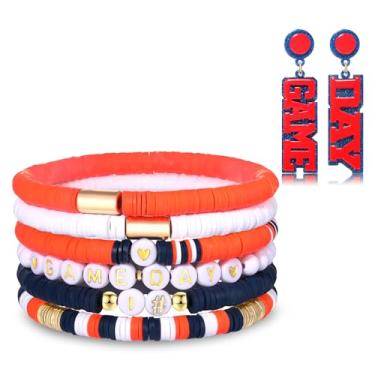 Imagem de NLCAC Pulseiras de Dia de Jogo Stack Heishi com contas de futebol, brincos para fãs de esportes, acessórios de futebol, roupa de dia de jogo para mulheres, one size, argila, Sem Pedra Preciosa