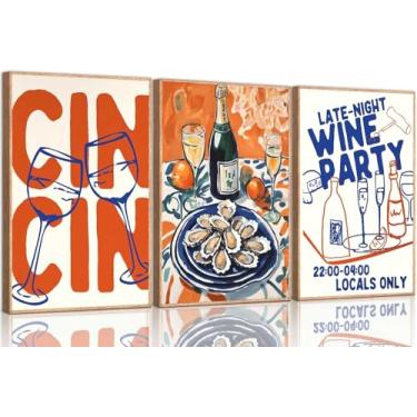 Imagem de 3 peças de arte de parede retrô maximalista cozinha vintage comida de vinho engraçado moderno Cin Cin Cheers bar carrinho pintura imagem decoração de parede pôster impressão arte para sala de estar
