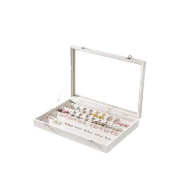 Imagem de Coward Caixa organizadora de brincos, brinco de veludo bege bandeja de armazenamento de joias com tampa de vidro transparente para gaveta de casa ou venda em lojas