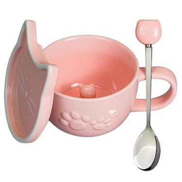 Imagem de Koolkatkoo Caneca de gato rosa xícara de café de cerâmica - xícara de chá com tampa e colher, animais de cerâmica dentro, canecas para mulheres, presente rosa do dia dos namorados dia das mães, 293 ml
