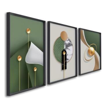 Imagem de Quadros Decorativos Tríade Elegante Cores Vivas em Verde e Nude Abstrato em Harmonia (Preto, 50x75, S/Vidro)