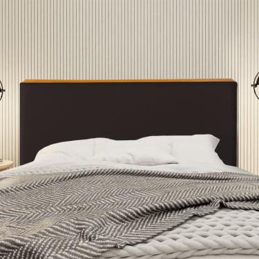 Imagem de Cabeceira Cama Box King Estofada Detalhe em Madeira Java Linho Marrom Escuro