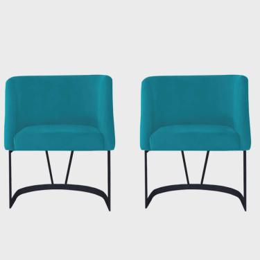 Imagem de Kit 02 Poltrona Cadeira Aurora Luxo Confort Industrial Ferro Preto Suede Azul Turquesa - Ahz Móveis