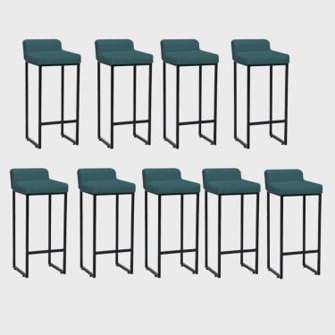 Imagem de Kit 09 Banqueta Alta Mia Com Encosto Cozinha Bistrô Bar Balcão Ferro Preto Suede Azul Turquesa - Ahz Móveis