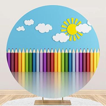 Imagem de Leyiyi 2,2 x 2,2 m colorido giz de cera redondo capa céu azul nuvens brancas decoração interior quarto infantil cenário de atividade jardim de infância sala de aula bem-vindo de volta às aulas