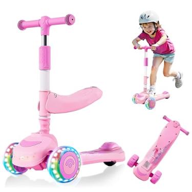 Imagem de Scooter dobrável 2 em 1 para crianças de 3 a 8 anos com assento, altura ajustável, 3 rodas de luz LED, atividades ao ar livre para crianças, meninos e meninas
