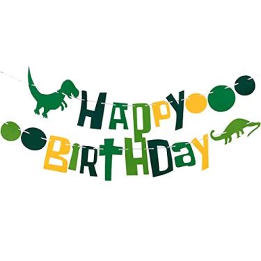 Imagem de Banner de feliz aniversário de dinossauro, tema da selva de dinossauro, placa de feliz aniversário, faixa de aniversário verde e amarela, guirlanda de feliz aniversário de tecido de feltro para decoração de festa de aniversário de meninos