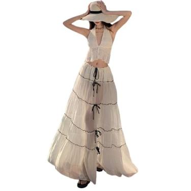 Imagem de GJHFCXSO Conjunto Feminino de 2 Peças de Saia Longa com Amarração Top Sem Costas e Saia...