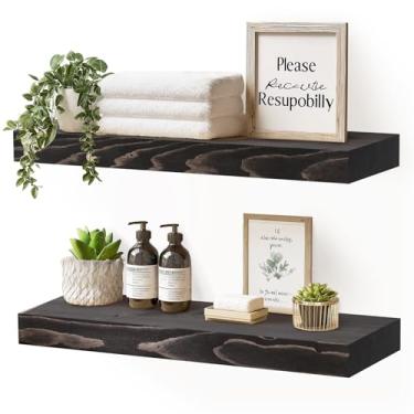 Imagem de YLYHSST Conjunto de 2 prateleiras flutuantes de 43 x 20 x 4 cm – Prateleira de parede preta rústica de madeira maciça para cozinha, banheiro, sala de estar
