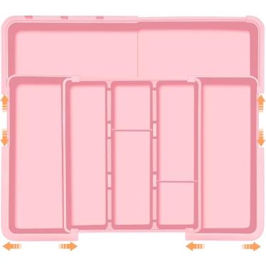 Imagem de Organizador de gaveta grande expansível para gaveta de cozinha, suporte ajustável, talheres, talheres, talheres, espátula, ferramentas, divisórias de armazenamento, plástico, rosa