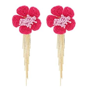 Imagem de Brinco floral de flor do Havaí para mulheres, brincos pendentes de franja dourada com franjas brilhantes, boho, ratã, ráfia, margarida, acessórios para férias de verão e praia, Medium, Ráfia, Sem
