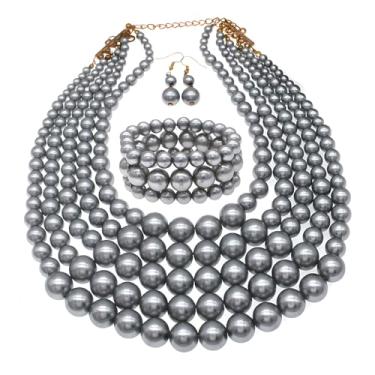 Imagem de MeliMe Colar de pérolas de imitação de vários fios para mulheres, 5 camadas, colar de pérolas, conjunto de pulseira e brincos, fantasia de casamento, joias de pérolas, Pérola sintética, Pérola