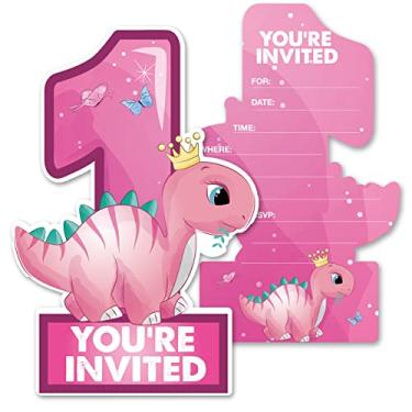 Imagem de Opomzk Convites de primeira festa de dinossauro rosa fofo com envelopes, conjunto de 20 convites em forma de dinossauro para meninas primeiro aniversário festa convites suprimentos lembrancinhas