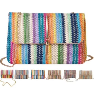 Imagem de VTYFRY Bolsas transversais de palha para mulheres, moda moderna, borla, decorada, verão, praia, casual, padrão listrado, bolsa de ombro com aba, Verde, Large