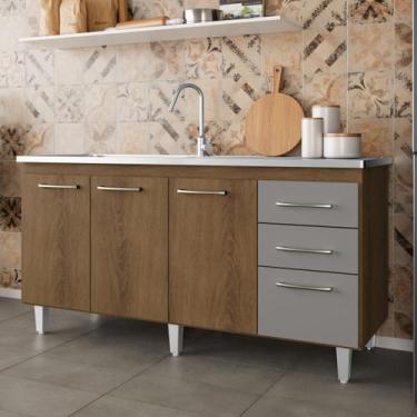 Imagem de Balcão de Pia Cozinha 160cm Maisa 3 Portas 3 Gavetas sem Tampo Mel e C