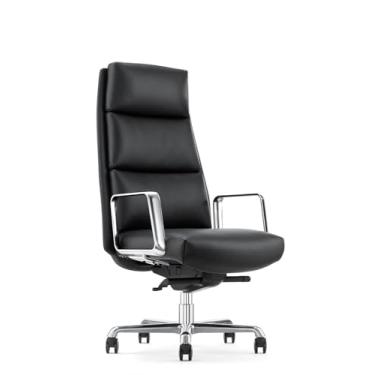 Imagem de FURIJING Cadeira de escritório excutiva de couro genuíno com base giratória de alumínio com encosto alto, mecanismo ergonômico de inclinação sincronizada, cadeira executiva de couro verdadeiro, preta