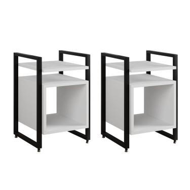 Imagem de Kit 2 Mesas de Cabeceira Industrial Marrocos Ferro Preto e Tampo Branco