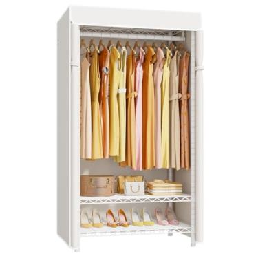 Imagem de ULIFHOME H5C Arara de roupas com capa, armário portátil para pendurar roupas, prateleiras cobertas resistentes, suportes de roupas independentes com prateleiras, carga máxima, rack de armário branco