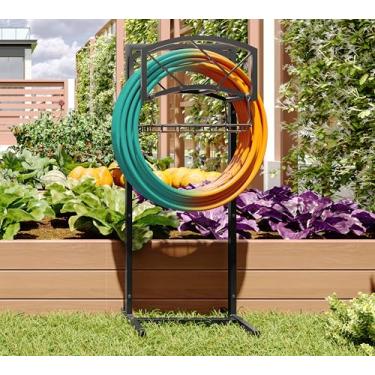 Imagem de Fire Beauty Suporte de mangueira de jardim, suporte de mangueira de água independente com cesta de armazenamento, organizador de mangueira no solo para uso externo, estaca de suporte de mangueira