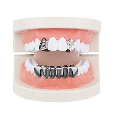 Imagem de Sadiyamo Conjunto de 2 dentes superiores em forma de cruz de coração único e 6 partes inferiores Hip Hop Grillz Vampire Fangs Grillz-Dazzle em qualquer evento, One Size
