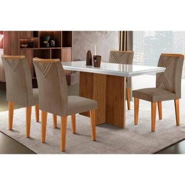 Imagem de Conjunto: Mesa de Cozinha Berlim c/ Tampo Madeirado c/ Vidro Canto Curvo 120x80cm e 4 Cadeiras Amsterdã Imbuia/Off White - Suede Capuccino - Rufato