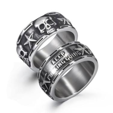 Imagem de ELFASIO Keep Going Anel gótico estrela caveira para homens mulheres banda aço inoxidável pentáculo prata esqueleto coquetel festa anel motociclista tamanho 8-13, Aço inoxidável, Sem pedra preciosa