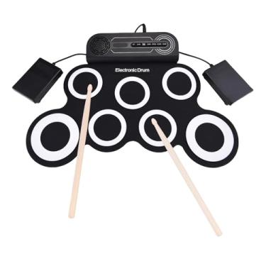 Imagem de Tambor Eletrônico Com Alto -falante, 7 Almofadas Rolam Bateria Elétrica Suporta Várias Entradas de áudio, Kit de Bateria de Bateria de Silicone Com 2 Tambores e Pedal (Preto e branco)