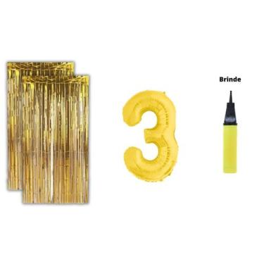 Imagem de Kit 2 Cortinas Metalizadas Balão Número+Bomba de Ar-Dourado - Partiufe
