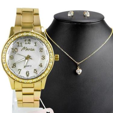 Imagem de kit relogio feminino aço analogico dourado strass envio 24h - Orizom