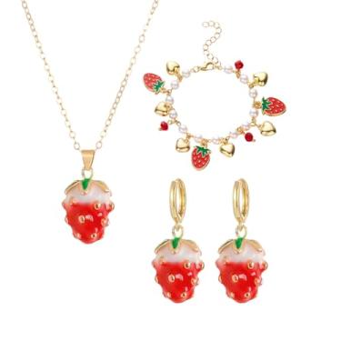 Imagem de coadipress Conjunto de joias de morango, brincos de morango, colar e pulseira para mulheres, fofo, realista, comida, fruta, berloque, joias, presentes de aniversário, Middle, Metal, Sem Pedra Preciosa