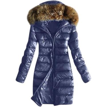 Imagem de Mulheres Casaco Quente Outwear Acolchoado Casacos De Inverno Gola De Pele Com Capuz Jaqueta Longa Tops Com Cinto, Blue Long, XL