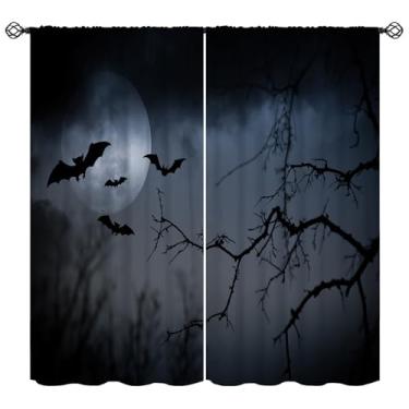 Imagem de Cortinas de animais, lua escura e morcegos de Halloween assustadores tratamentos de janela de fundo noturno, cortinas de isolamento térmico retrô com bolso para varão para quarto, sala de estar, 106