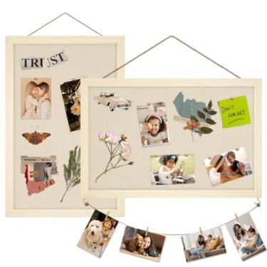 Imagem de Egofine Quadro de avisos de cortiça com linho, quadro de madeira de 40,6 x 38,5 cm, decoração de parede, 2 pacotes de placas de cortiça para paredes, pendurar horizontal ou verticalmente para