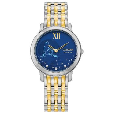Imagem de Citizen Relógio feminino Eco-Drive Princesa da Disney Ariel "Sea the Real Me" em dois tons de ouro, mostrador azul, cristal de safira, 30 mm (modelo: EX1499-50W), Dois tons, 5 Inches, Moderno